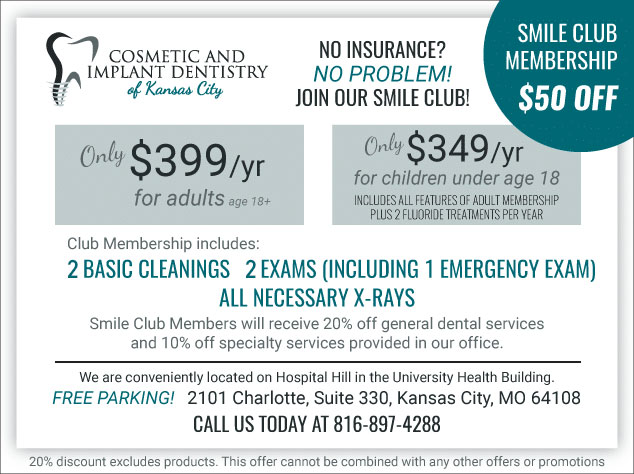 a Smile Club membership flier for Cosmetic and Implant Dentistry of Kansas City